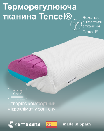 охол подушки зйомний: терморегулююча тканина TENCEL®. Чохол блоку: ізоляційна гіпоалергенна тканина TNT. ✓ Подушка двостороння - має два рівня комфорту.